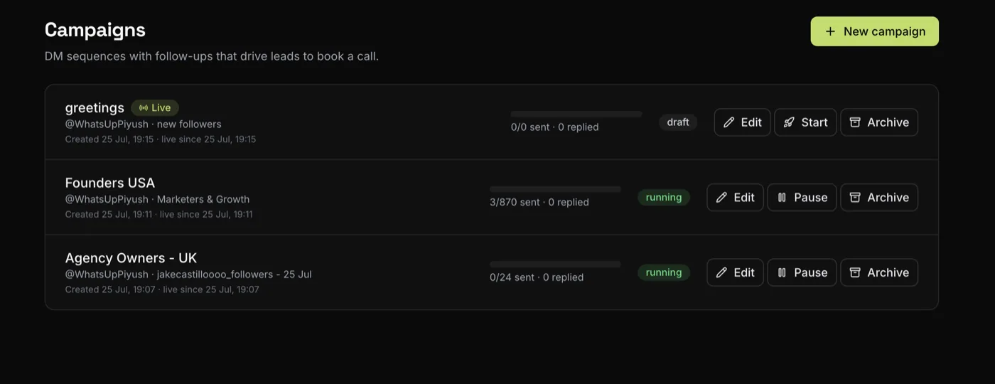 XAutoDM campaigns list showing running DM sequences with send progress, reply counts and a Live badge