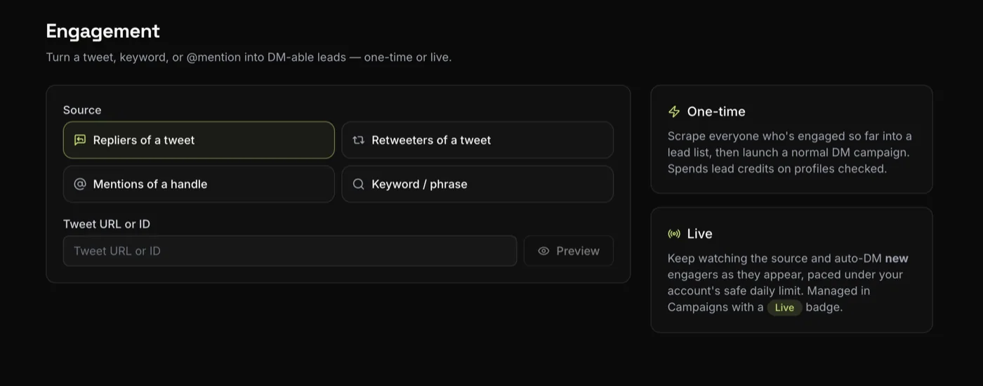 The XAutoDM Engagement page: pick repliers, retweeters, mentions or a keyword as a lead source, then run it one-time or live