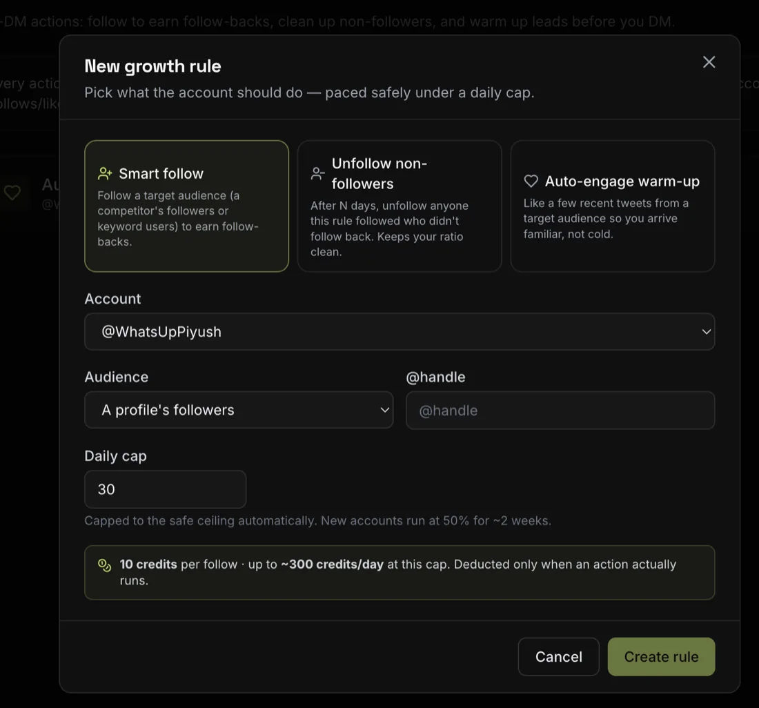 The XAutoDM growth rule builder: pick smart follow, unfollow non-followers or auto-engage warm-up, choose an audience, and set a daily cap